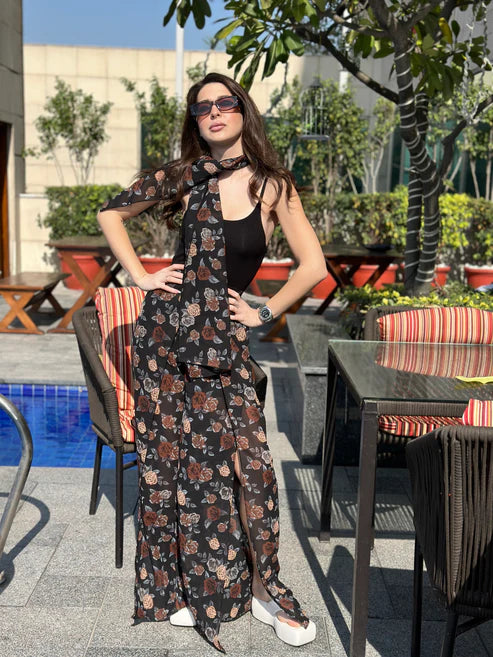 Combo of 2 Floral Slit Pants With Scarf & Bodysuit