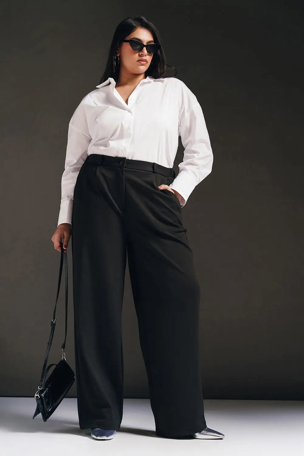 polished black curve textured korean pants