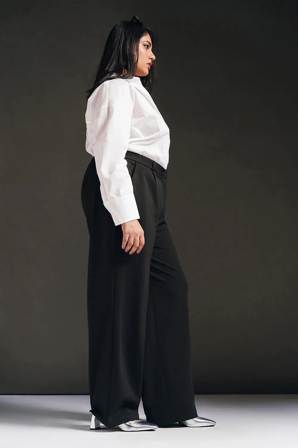 polished black curve textured korean pants