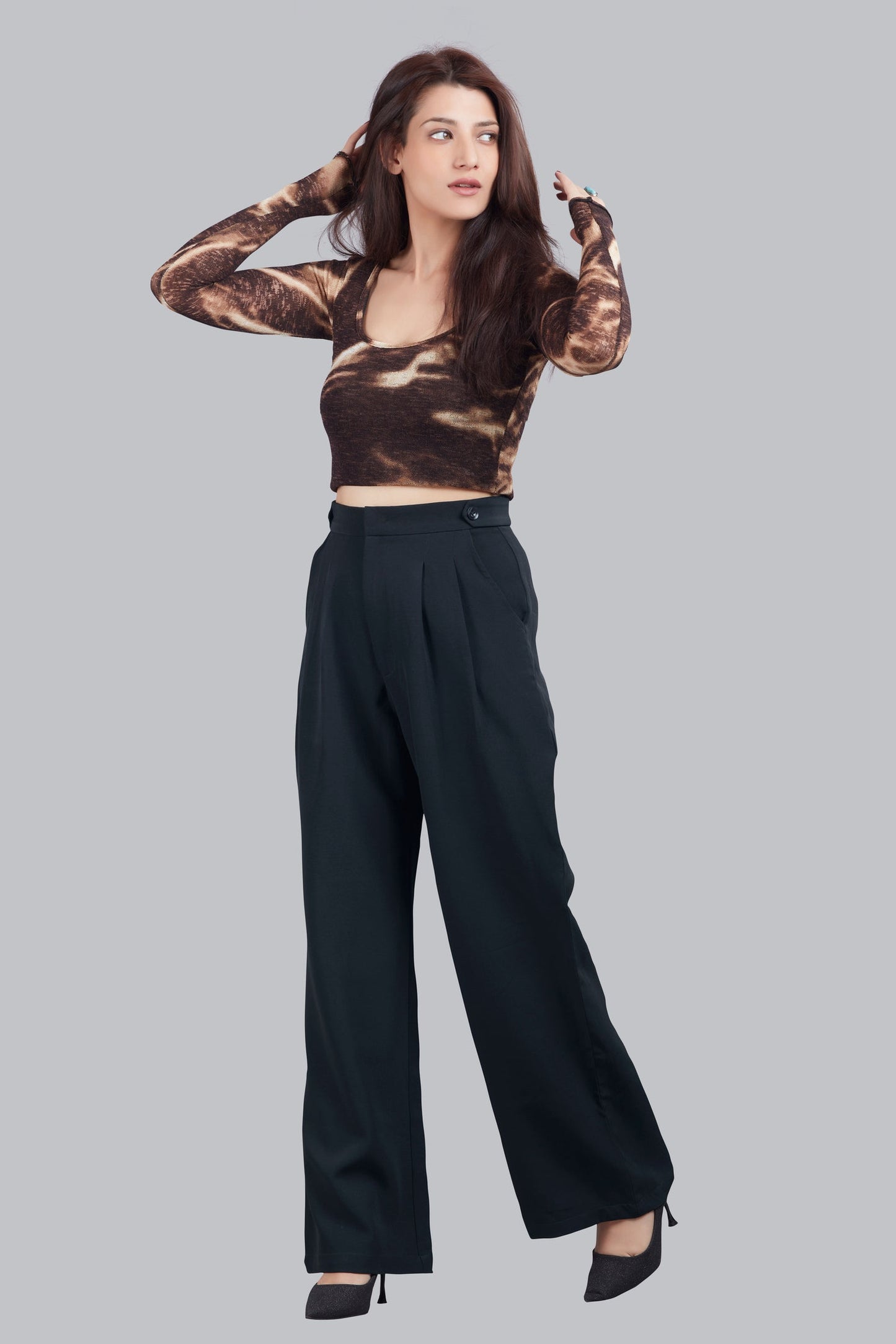 Button Detail High Waisted Wide Leg Trousers