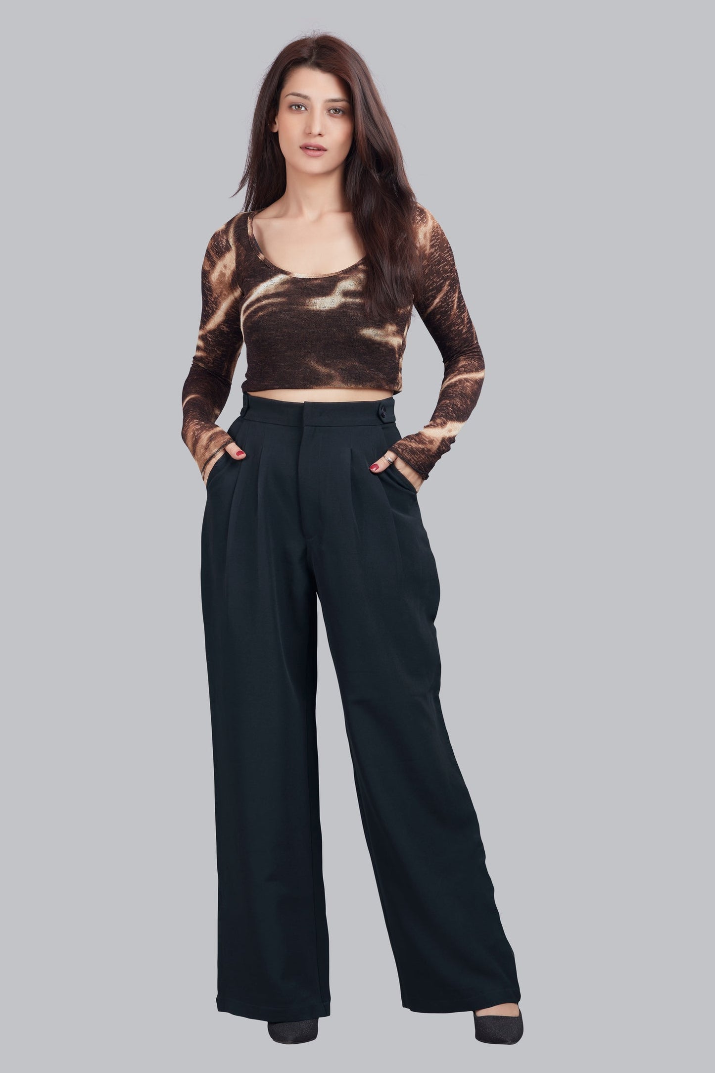 Button Detail High Waisted Wide Leg Trousers