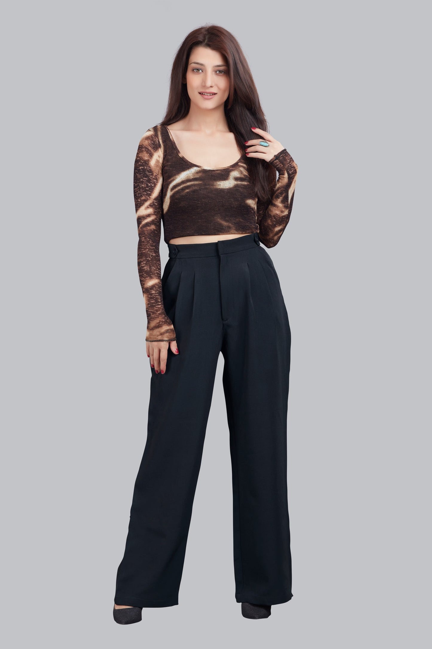 Button Detail High Waisted Wide Leg Trousers