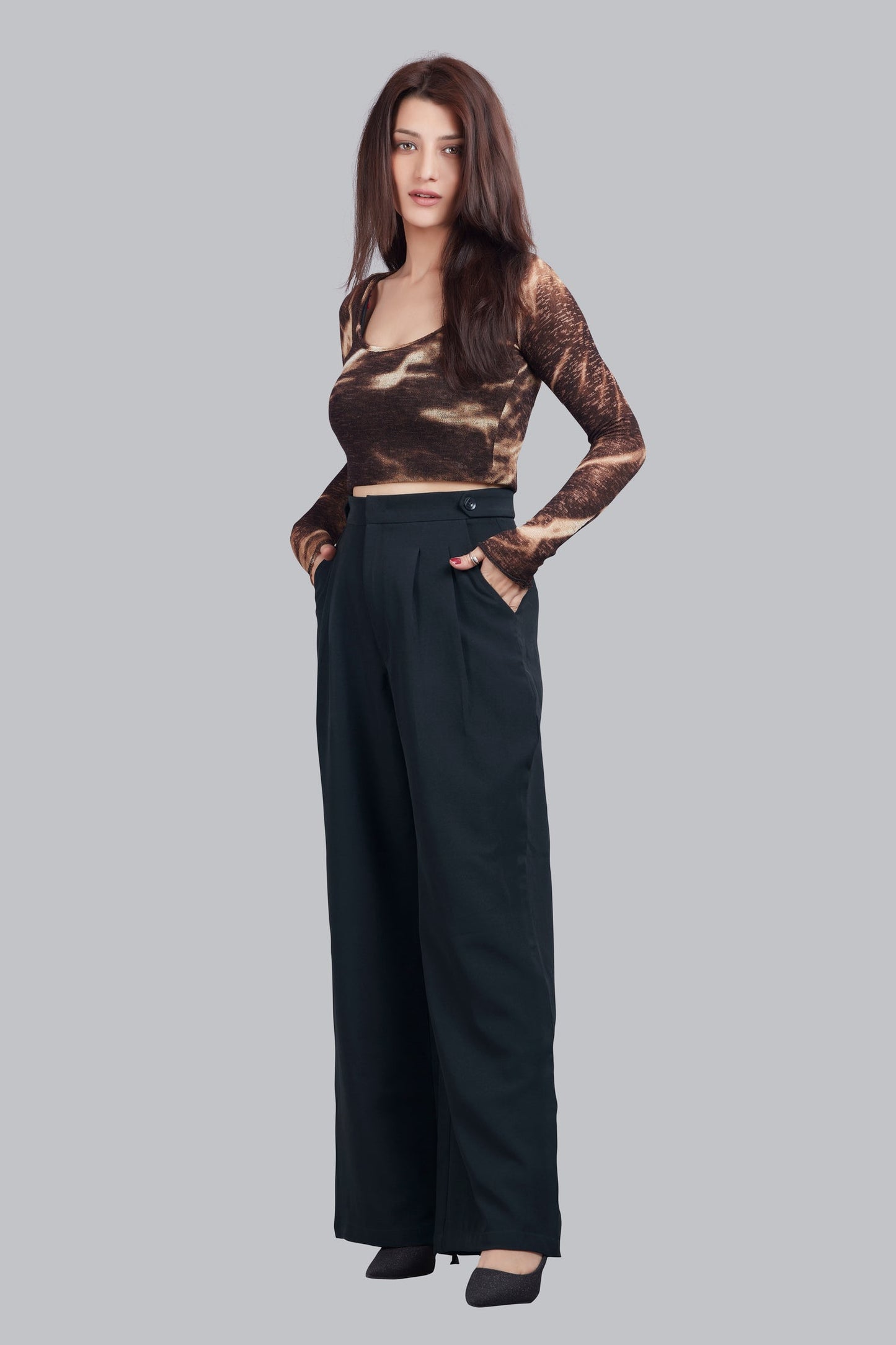 Button Detail High Waisted Wide Leg Trousers