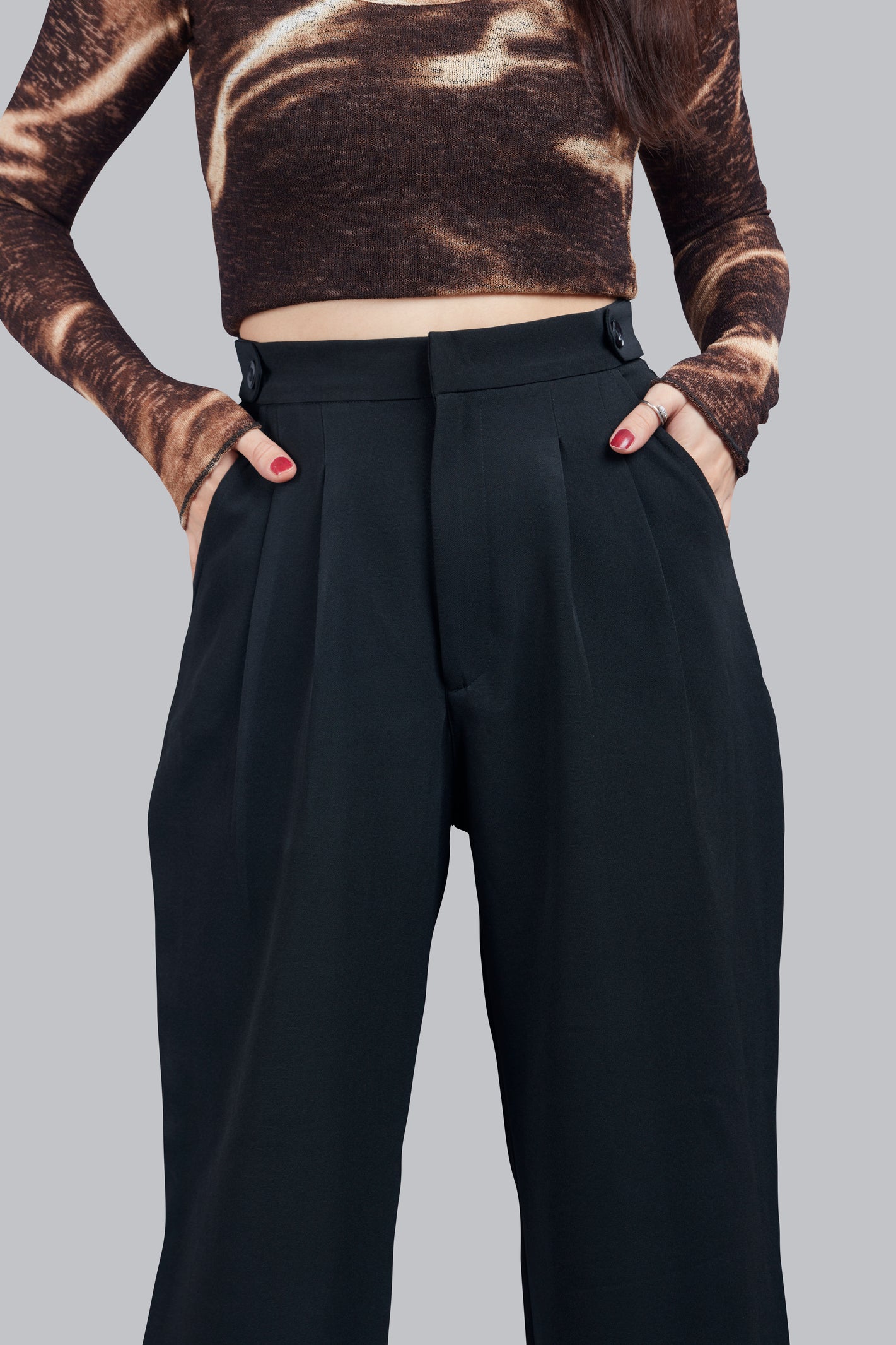 Button Detail High Waisted Wide Leg Trousers