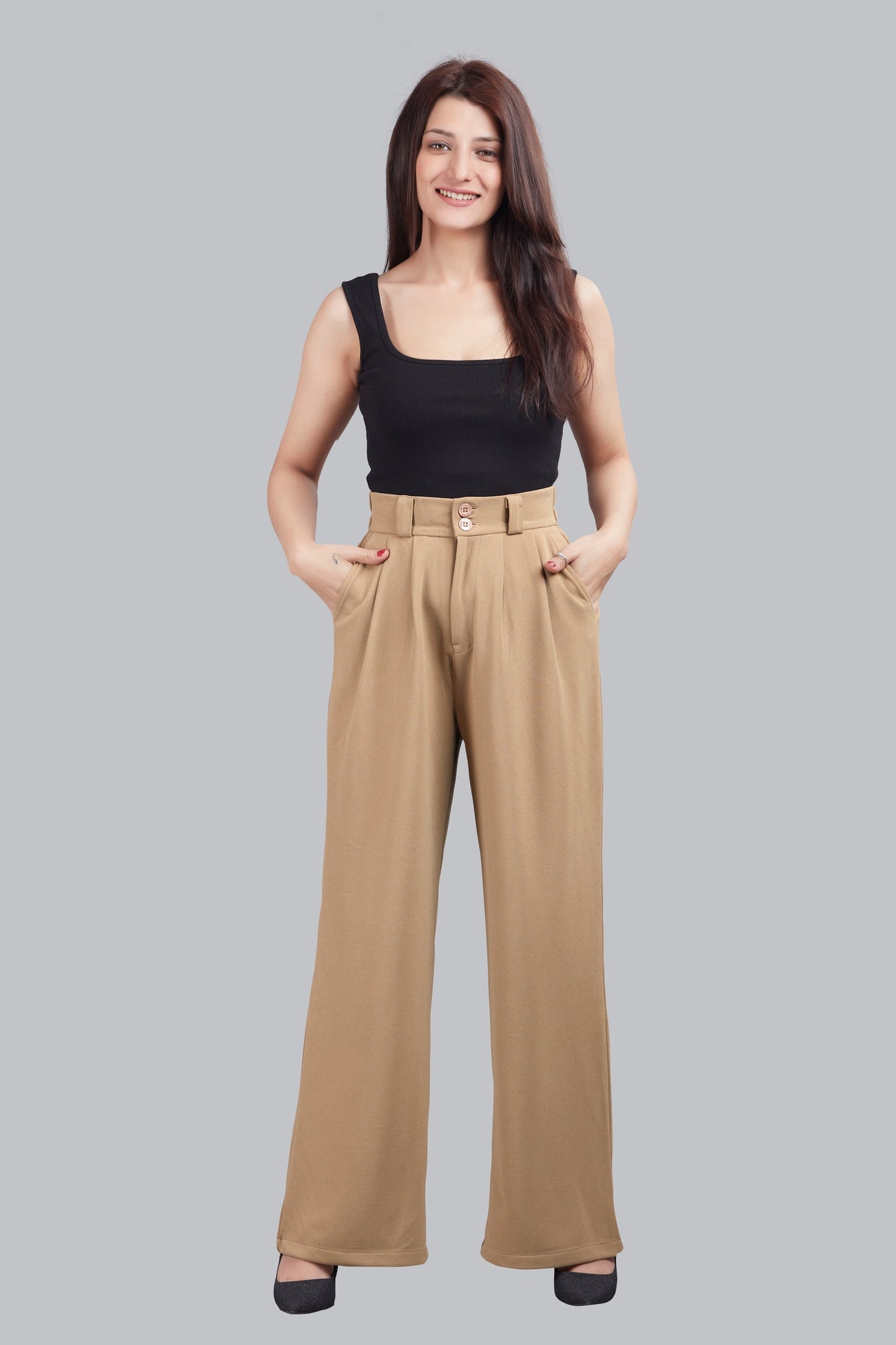 Button Detail High Waisted Wide Leg Trousers