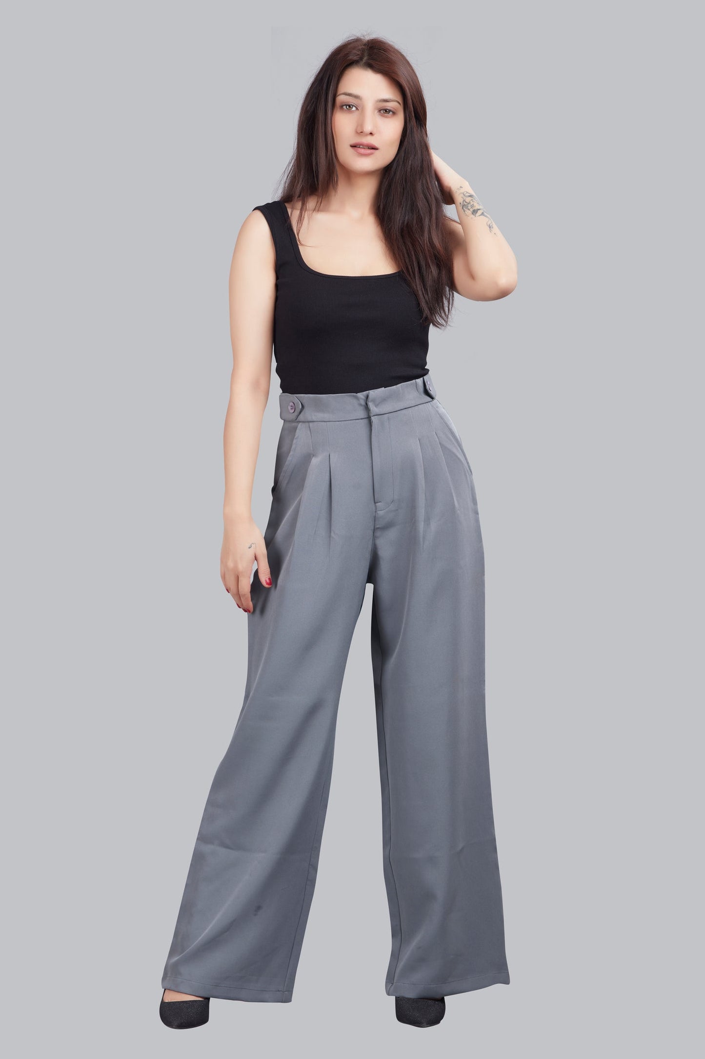 Button Detail High Waisted Wide Leg Trousers