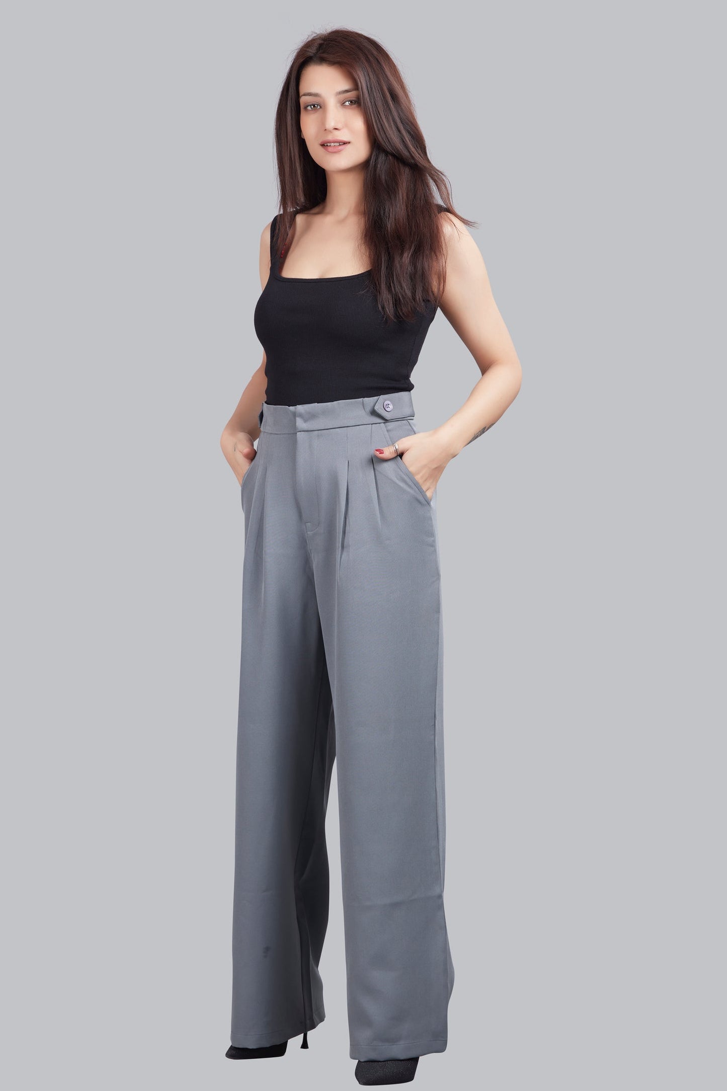 Button Detail High Waisted Wide Leg Trousers