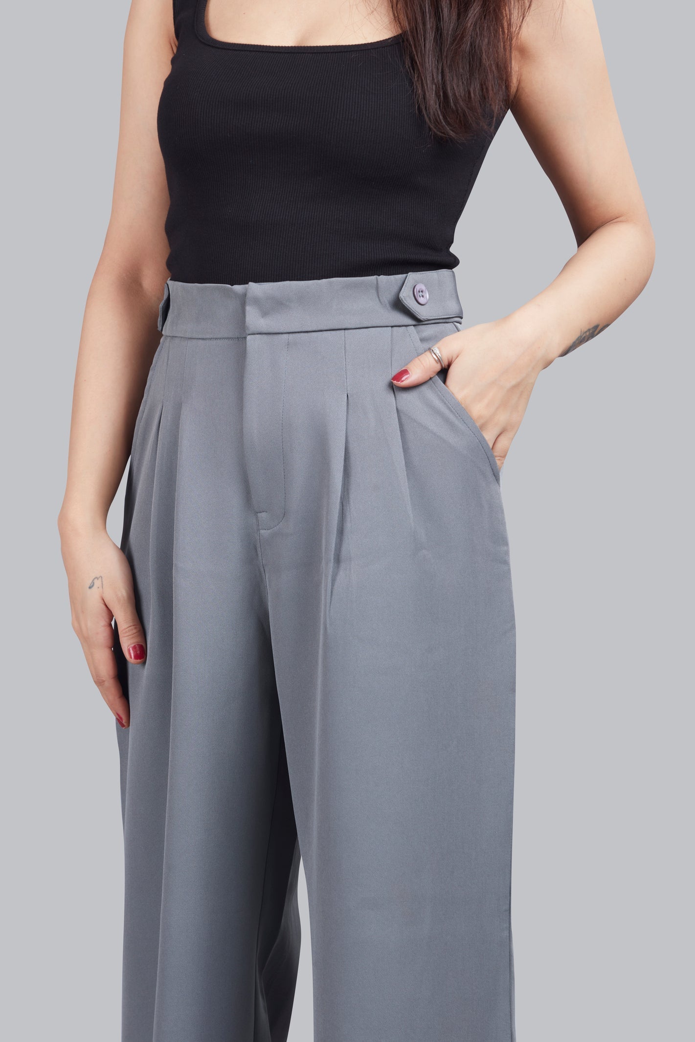 Button Detail High Waisted Wide Leg Trousers