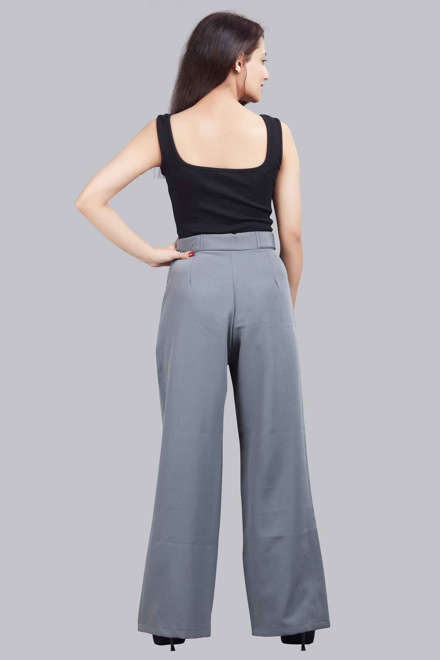 Button Detail High Waisted Wide Leg Trousers