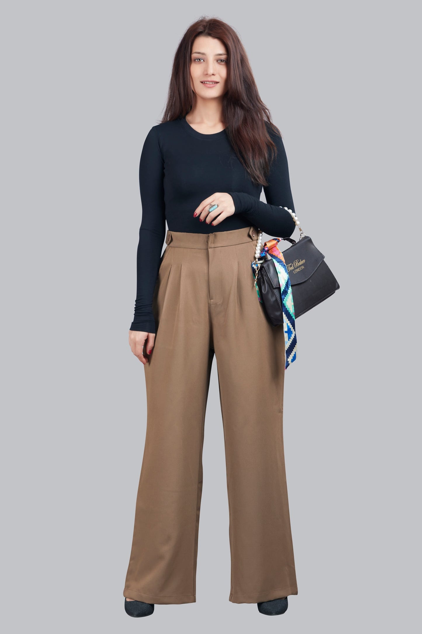 Button Detail High Waisted Wide Leg Trousers