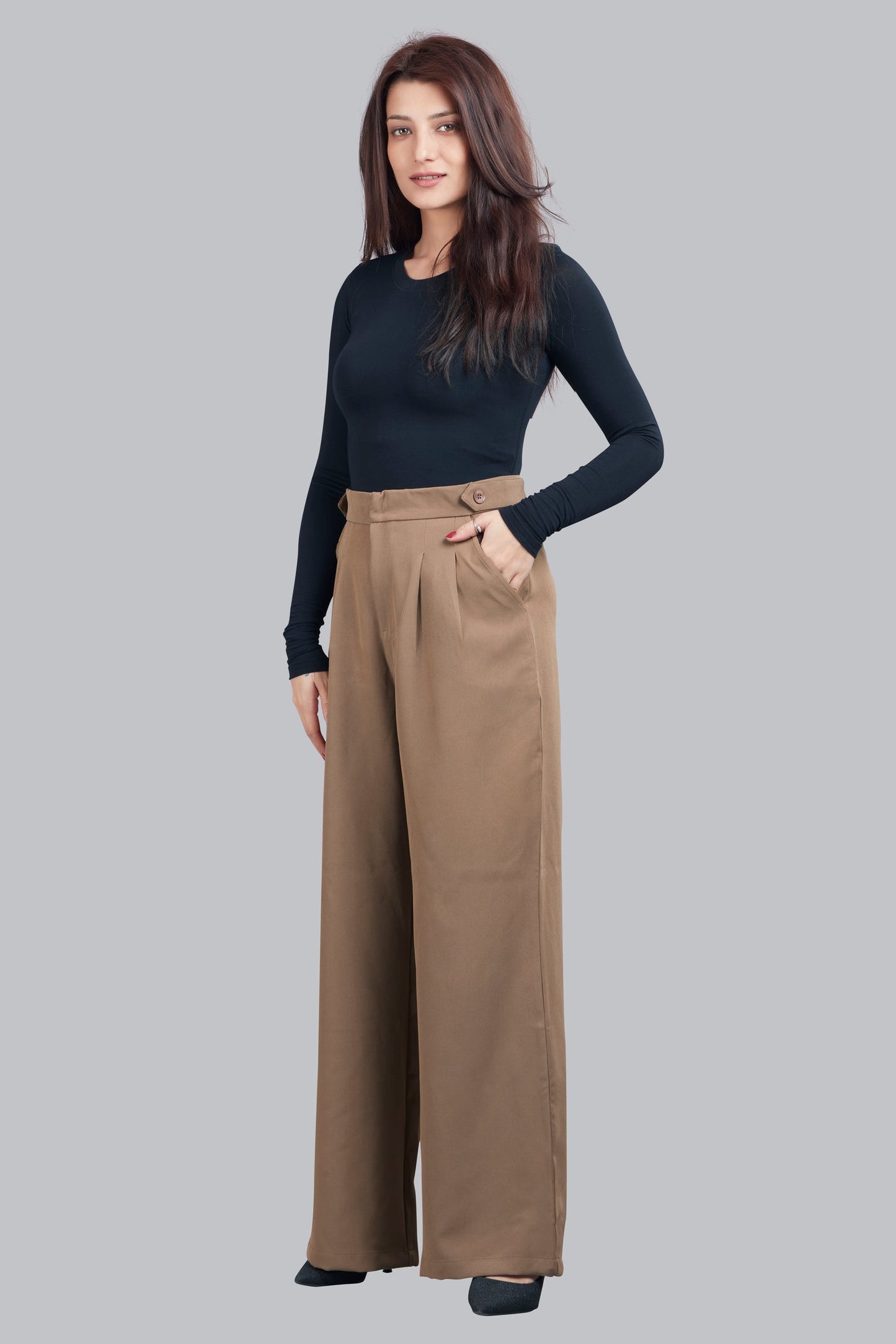 Button Detail High Waisted Wide Leg Trousers