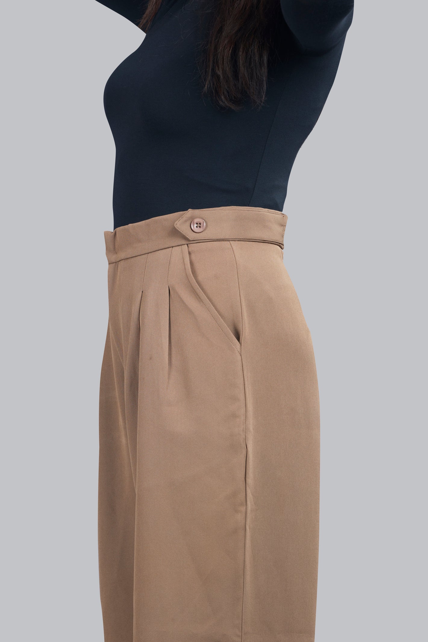 Button Detail High Waisted Wide Leg Trousers