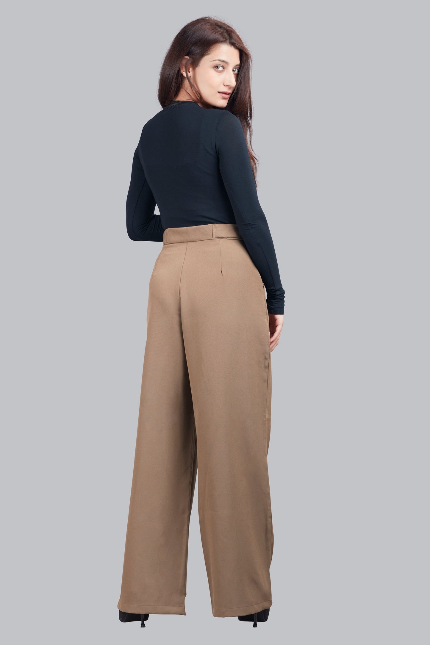 Button Detail High Waisted Wide Leg Trousers