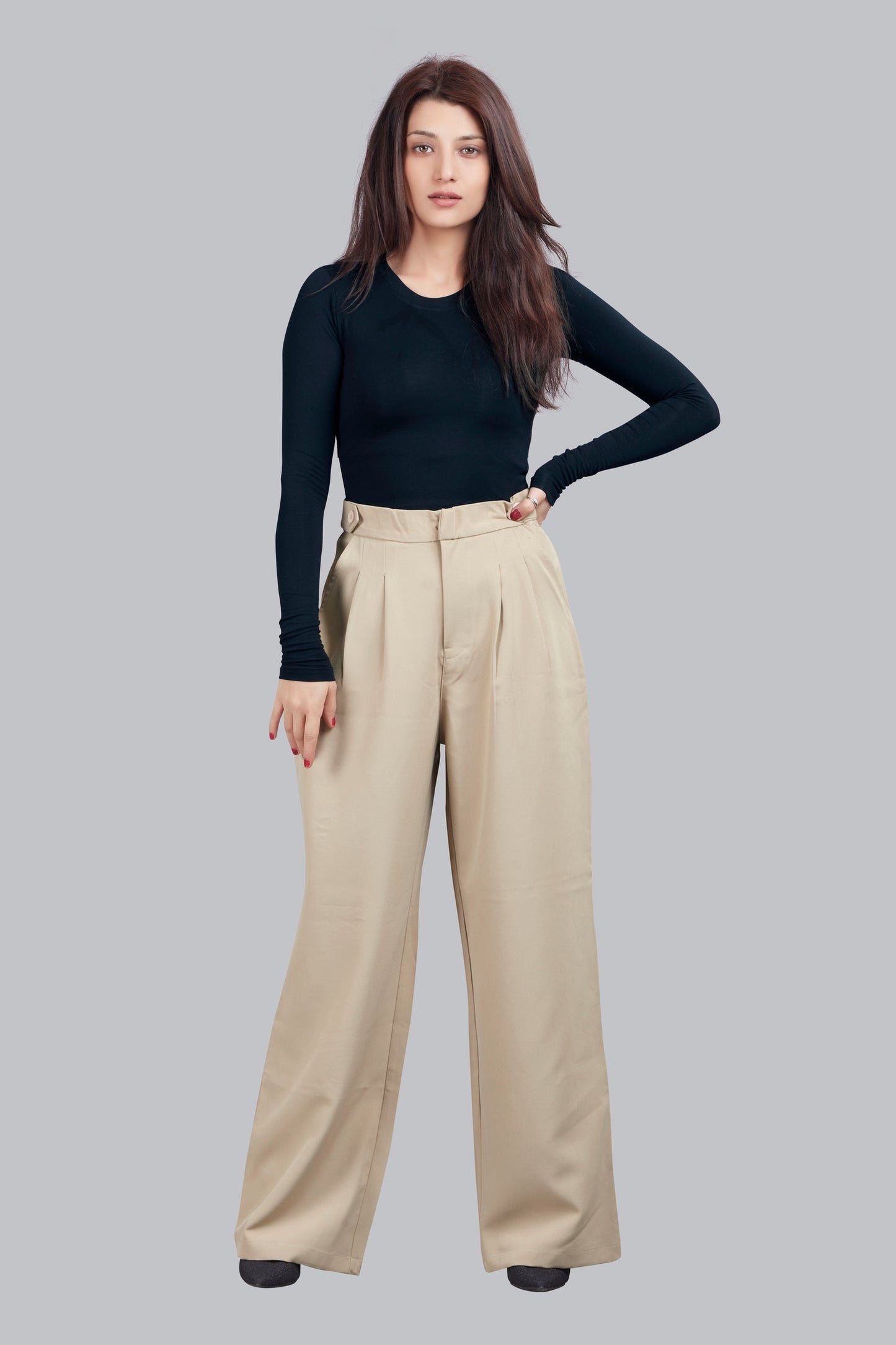 Button Detail High Waisted Wide Leg Trousers