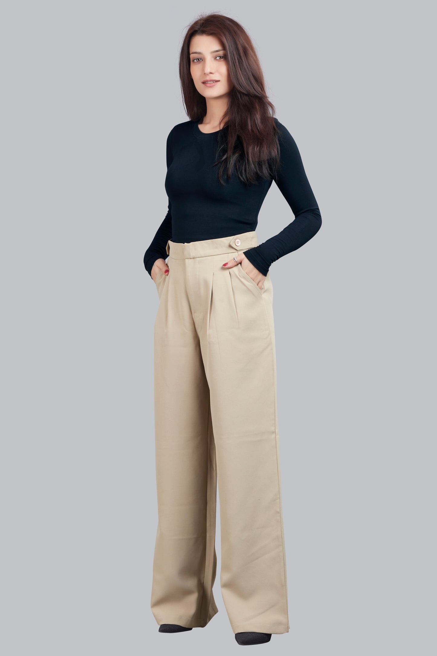 Button Detail High Waisted Wide Leg Trousers