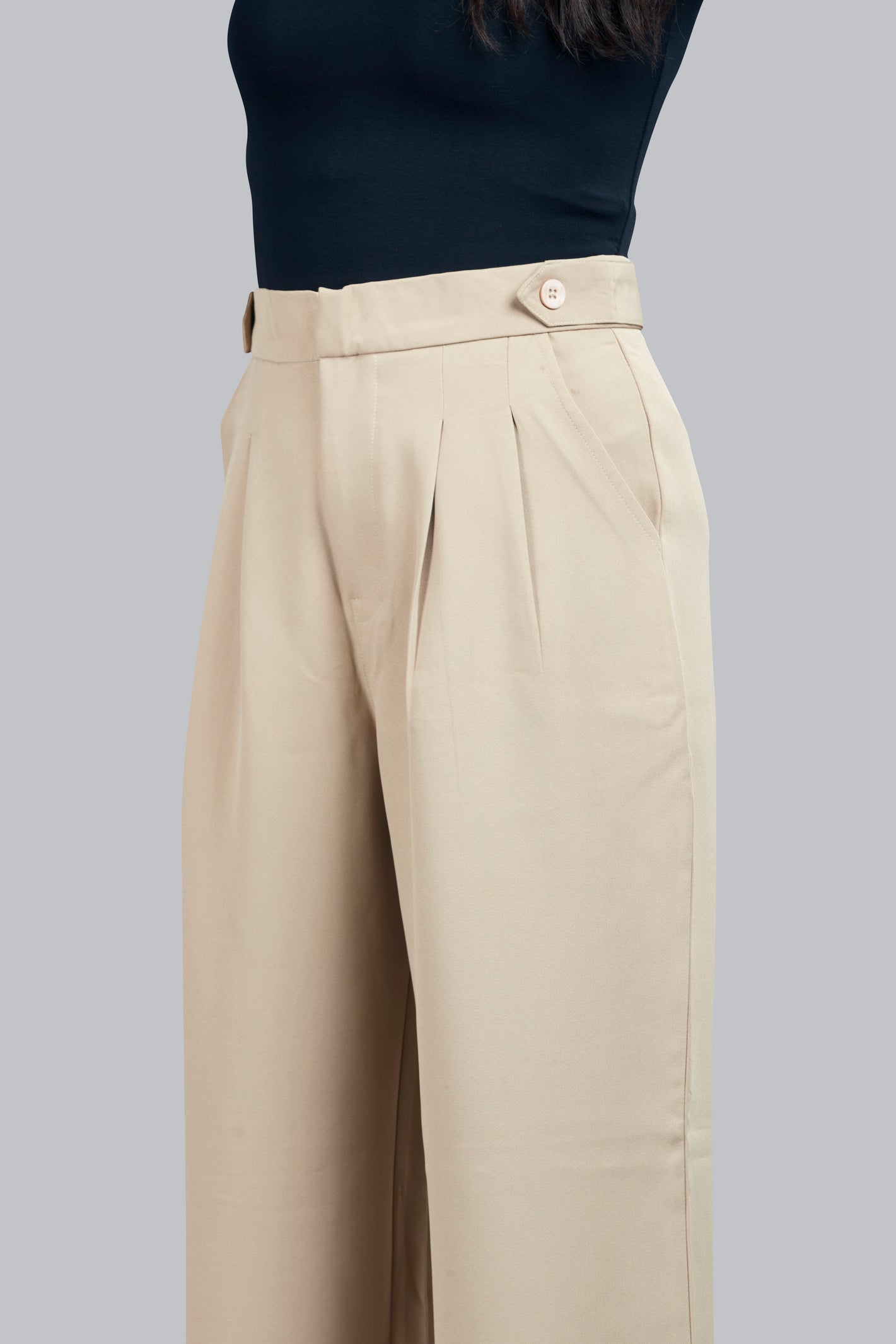 Button Detail High Waisted Wide Leg Trousers