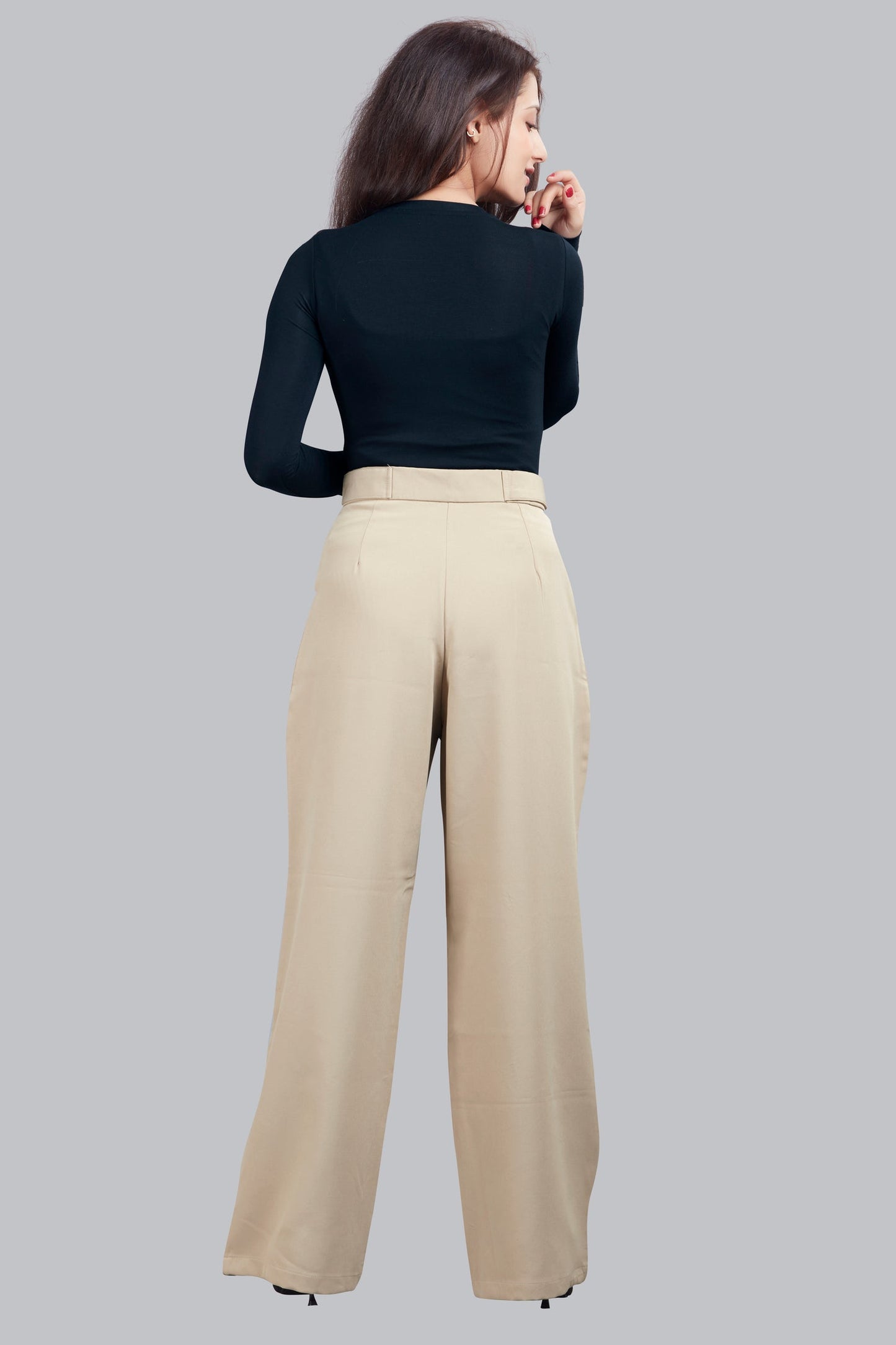 Button Detail High Waisted Wide Leg Trousers