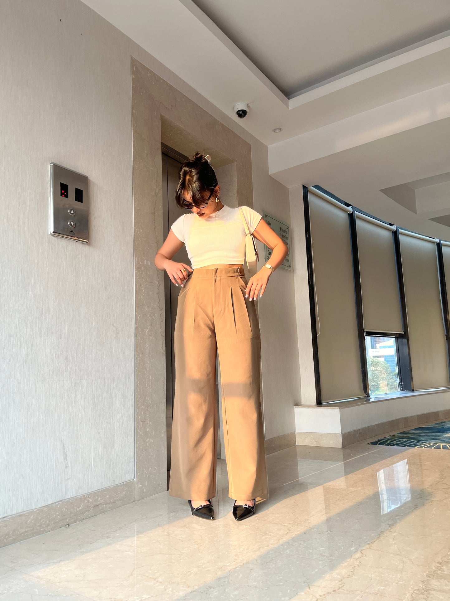 Button Detail High Waisted Wide Leg Trousers