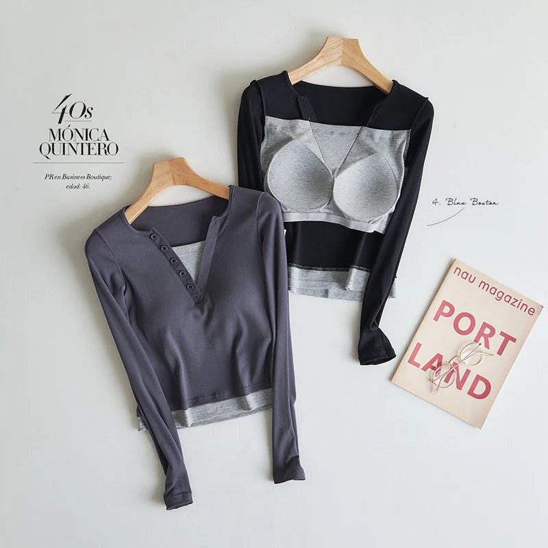 Relaxed Fit Buttoned Built-In Bra Tshirt