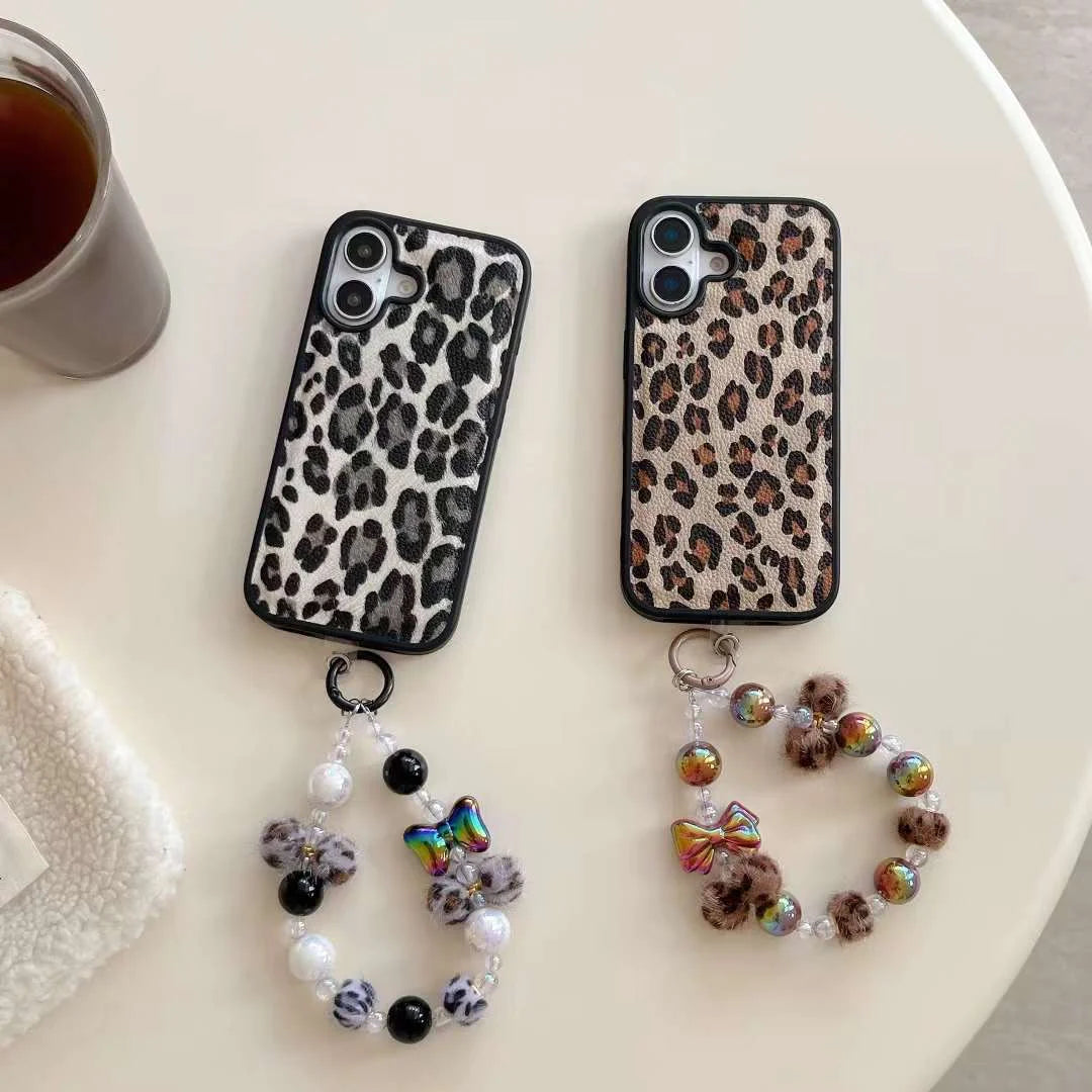 Combo of 2 Luxury Leather Leopard Designer Leather Case for iPhone With Beaded Charm