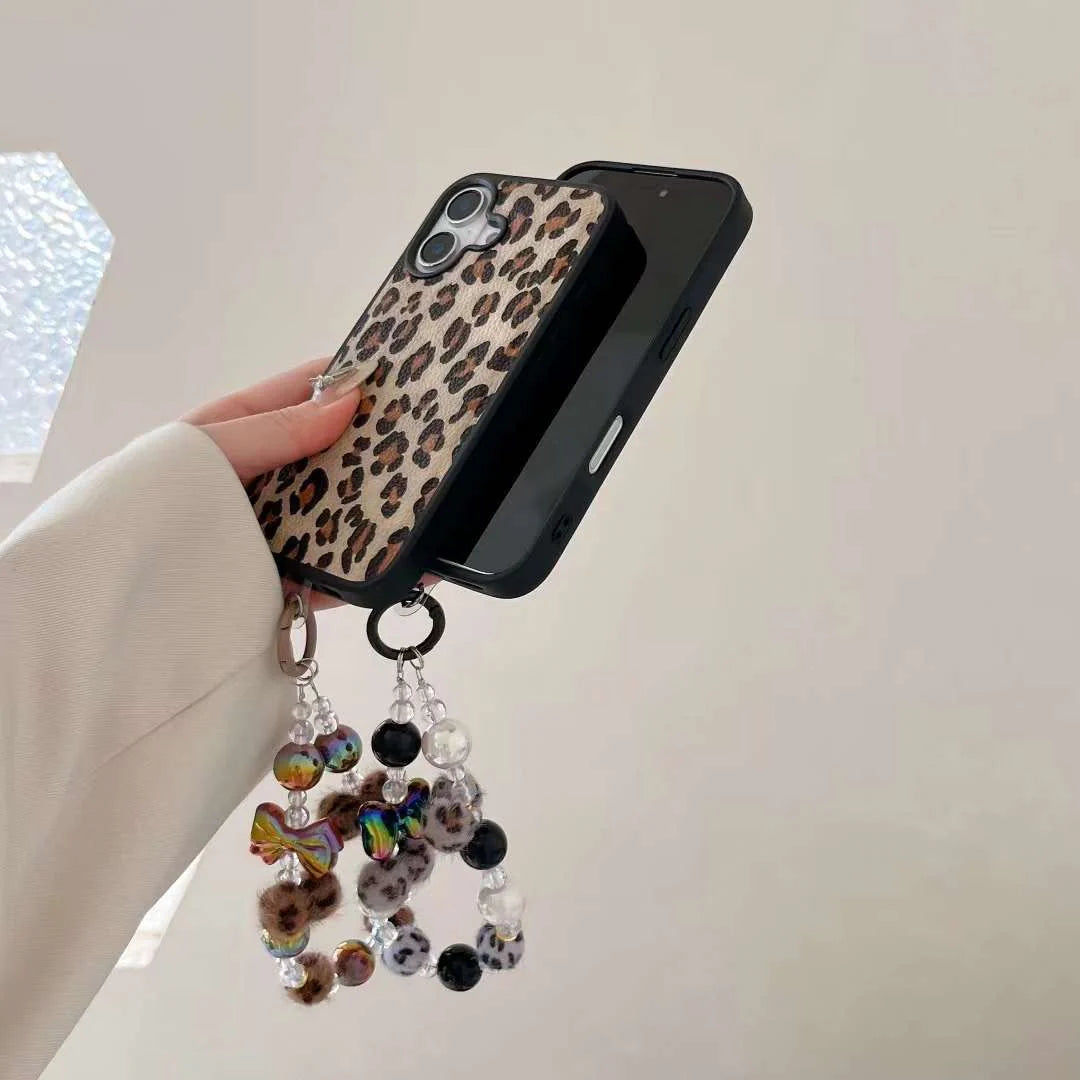 Combo of 2 Luxury Leather Leopard Designer Leather Case for iPhone With Beaded Charm