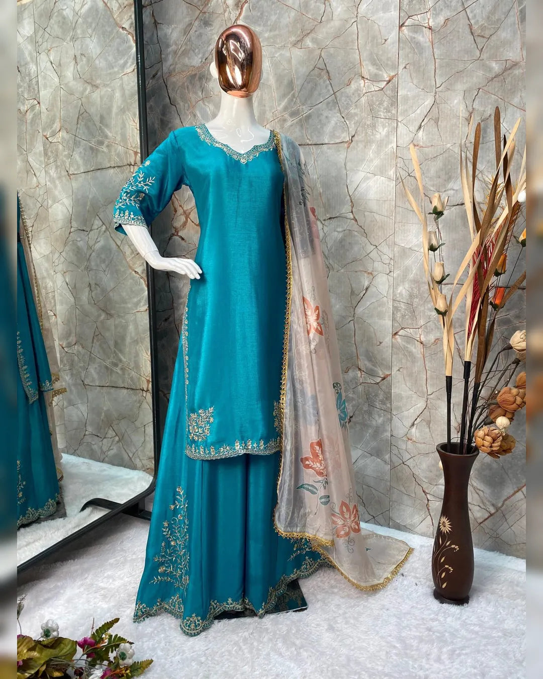 New Super Hit 3-Colour Designer Chinon Suit with Sequins Embroidery Work and Full Flair Gharara