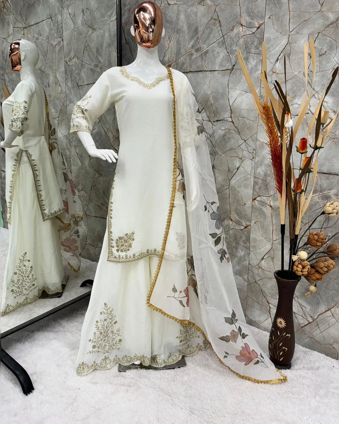 New Super Hit 3-Colour Designer Chinon Suit with Sequins Embroidery Work and Full Flair Gharara