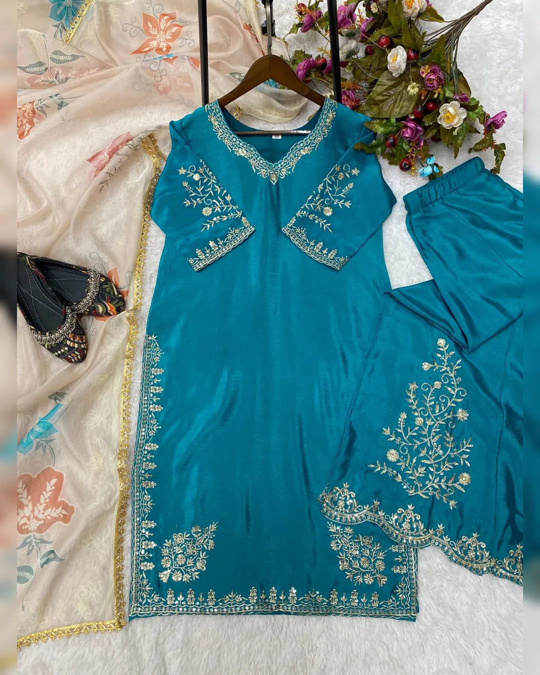 New Super Hit 3-Colour Designer Chinon Suit with Sequins Embroidery Work and Full Flair Gharara