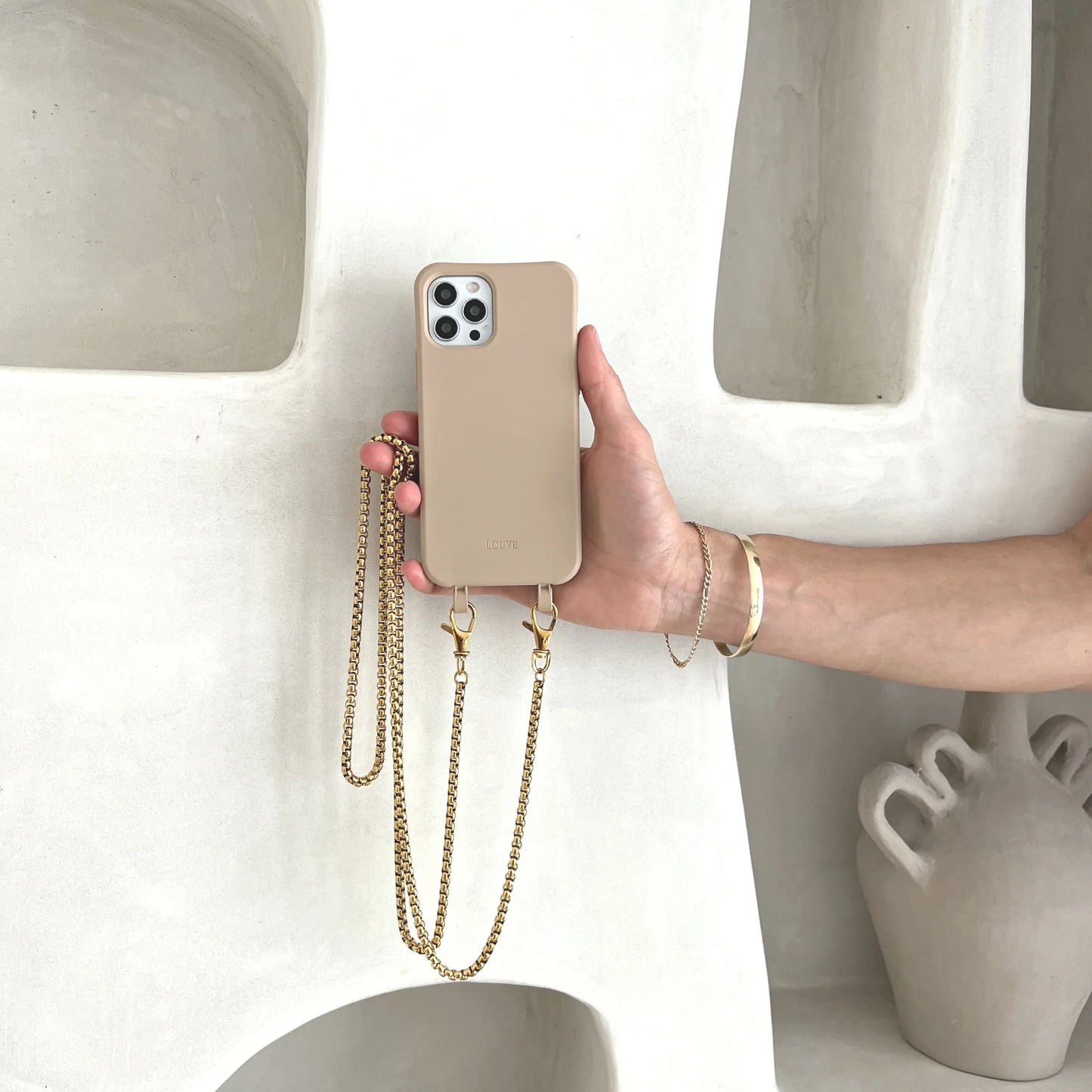 Combo of 2 Beige Phone Case + Gold-Plated Crossbody Chain