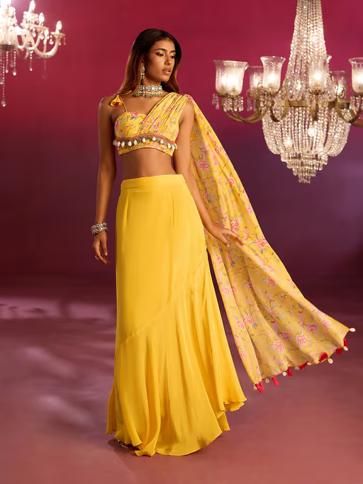 Yellow Printed Pallav stitched Blouse with Cowl Skirt