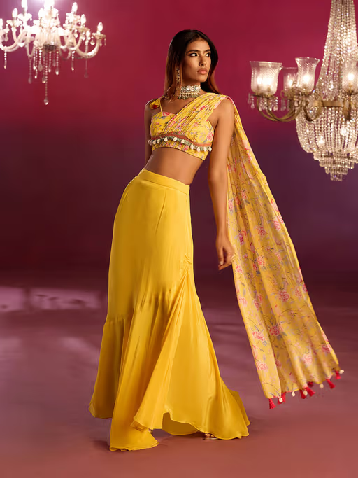 Yellow Printed Pallav stitched Blouse with Cowl Skirt