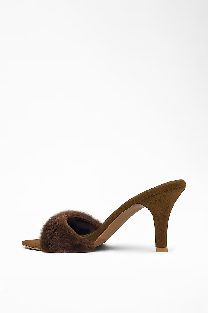 Brown Anti-Slippery Rubber Faux Fur Strap Pencil Heels