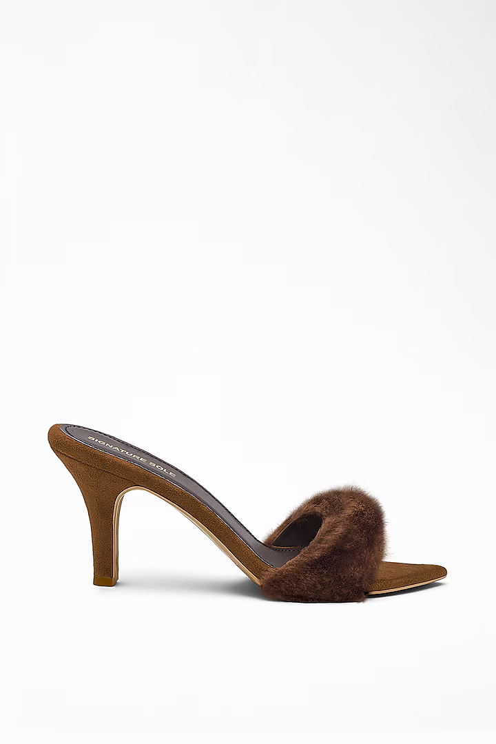 Brown Anti-Slippery Rubber Faux Fur Strap Pencil Heels