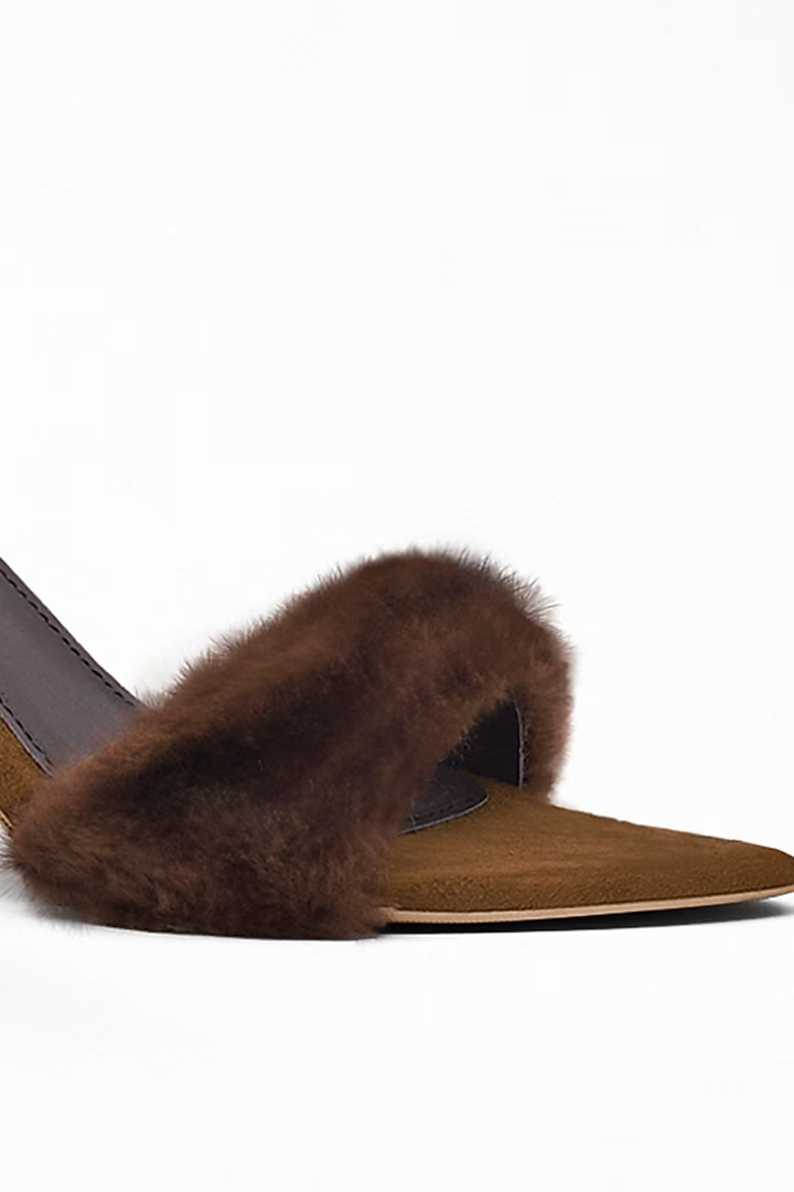 Brown Anti-Slippery Rubber Faux Fur Strap Pencil Heels