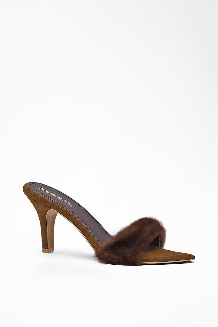 Brown Anti-Slippery Rubber Faux Fur Strap Pencil Heels