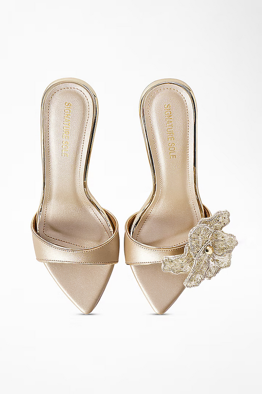 Metallic Gold Finish Anti-Slippery Rubber Floral Embroidered Heels