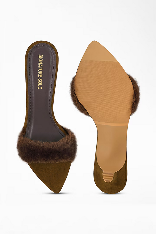 Brown Anti-Slippery Rubber Faux Fur Strap Pencil Heels