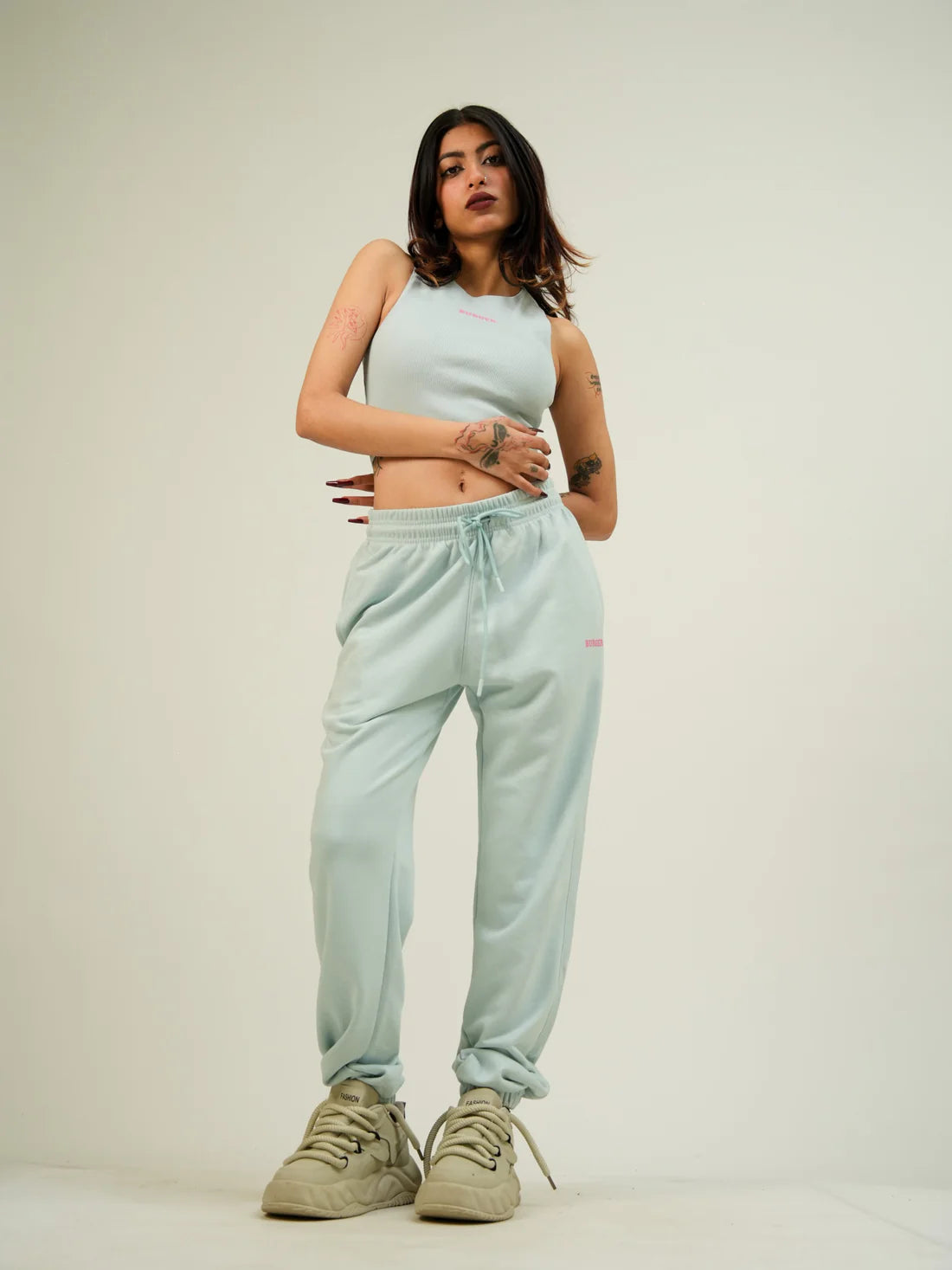 Pastel Sky Blue Burger Co ord Set (Racer + Gather Tracks) For Women