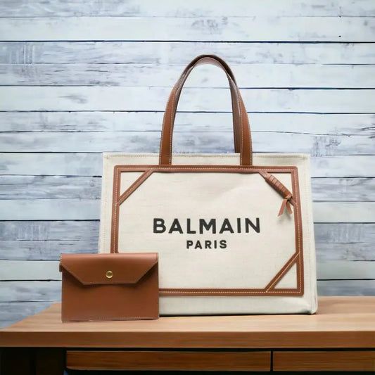 Balmain B-Army Beige Brown Canvas Tote