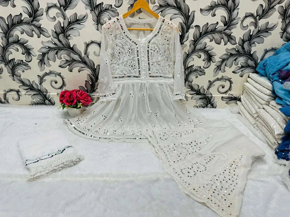 Georgette Chikankari Mirror Work 3 piece Short Gown Set