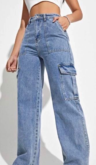 Trendy Highwaist Cargo Denim 6 Pockets Blue