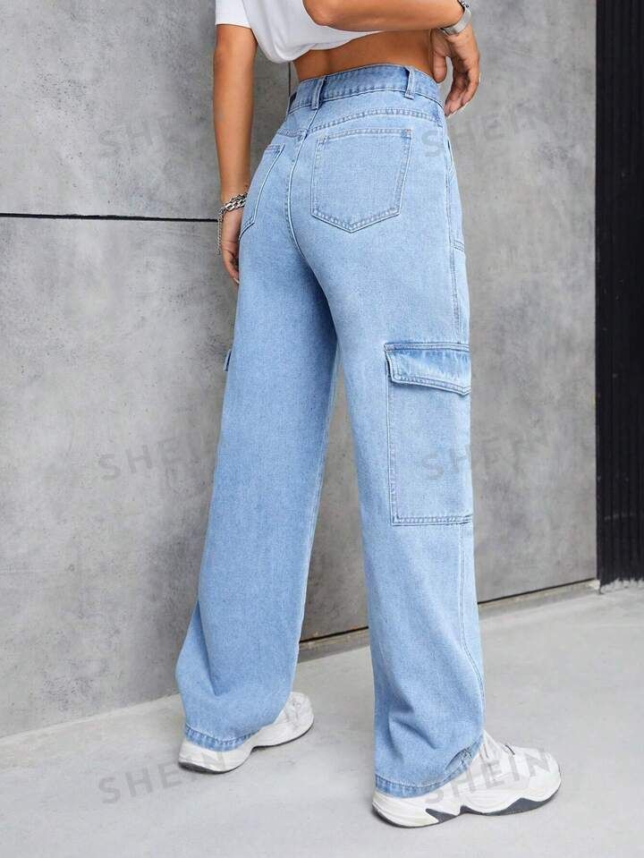 Trendy Highwaist Cargo Denim 6 Pockets Blue