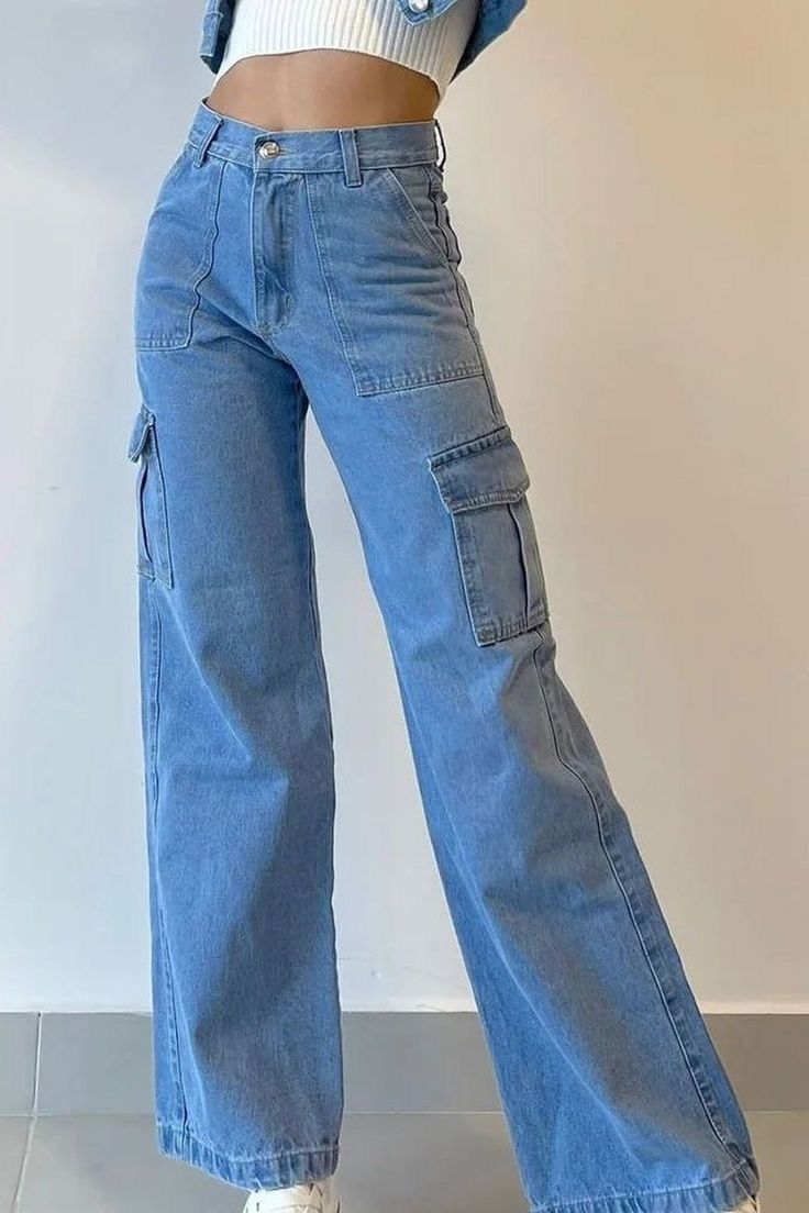 Trendy Highwaist Cargo Denim 6 Pockets Blue