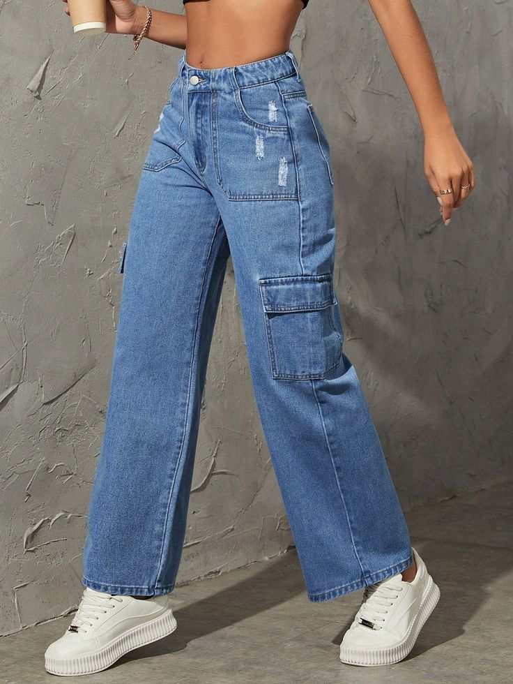 Trendy Highwaist Cargo Denim 6 Pockets Blue