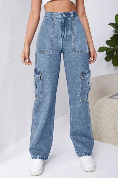 Trendy Highwaist Cargo Denim 6 Pockets Blue