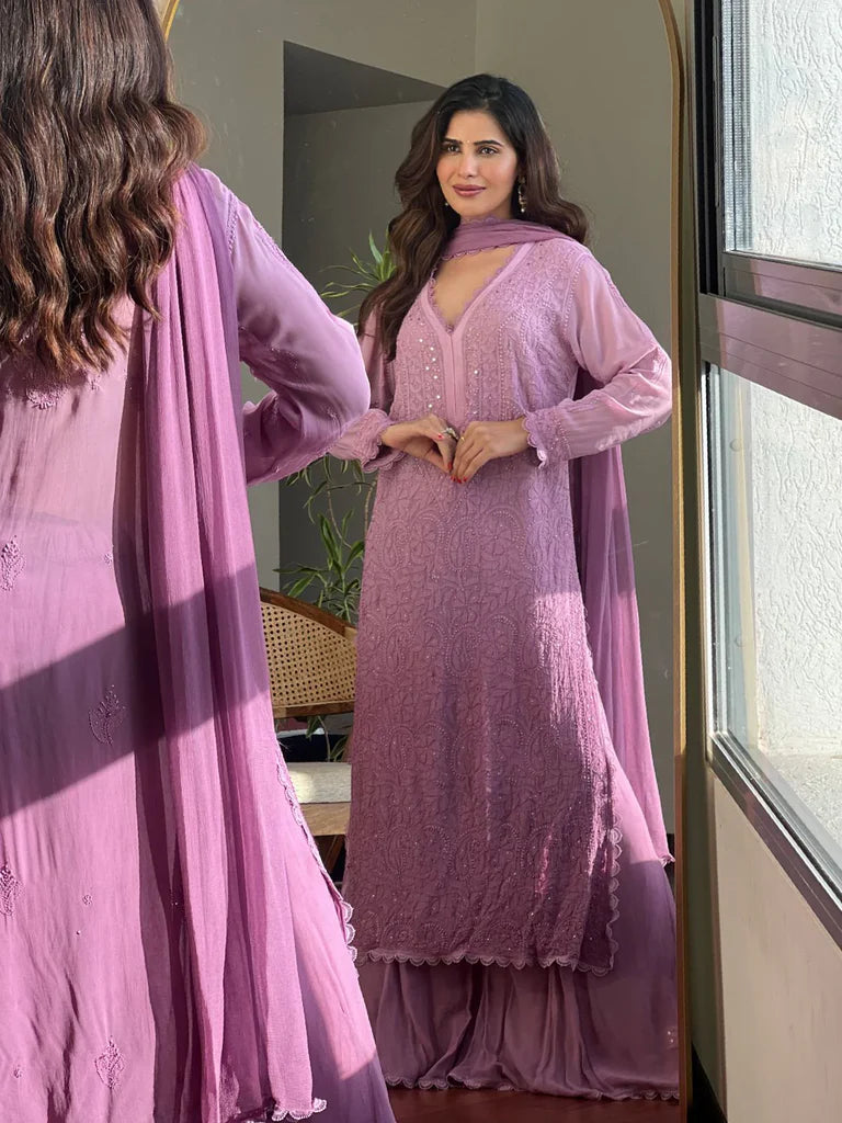 Purple Viscose Georgette Silk Chikankari Kurta With Palazzo And Dupatta Set