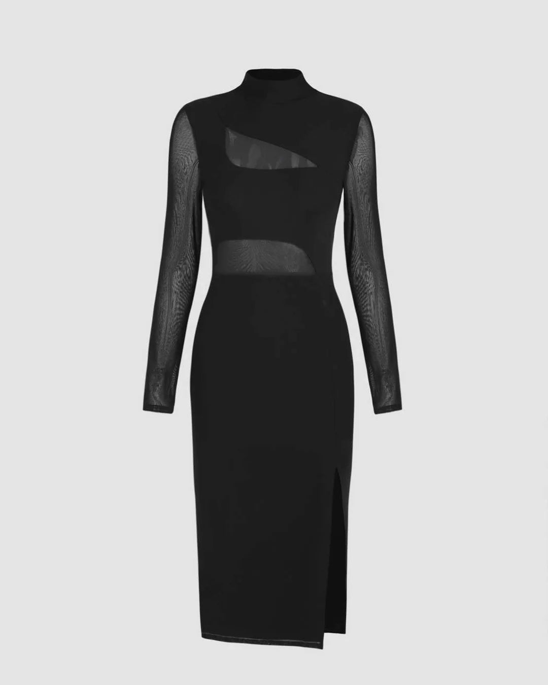 Mock Neck Sheer Slit Black Midi Dress