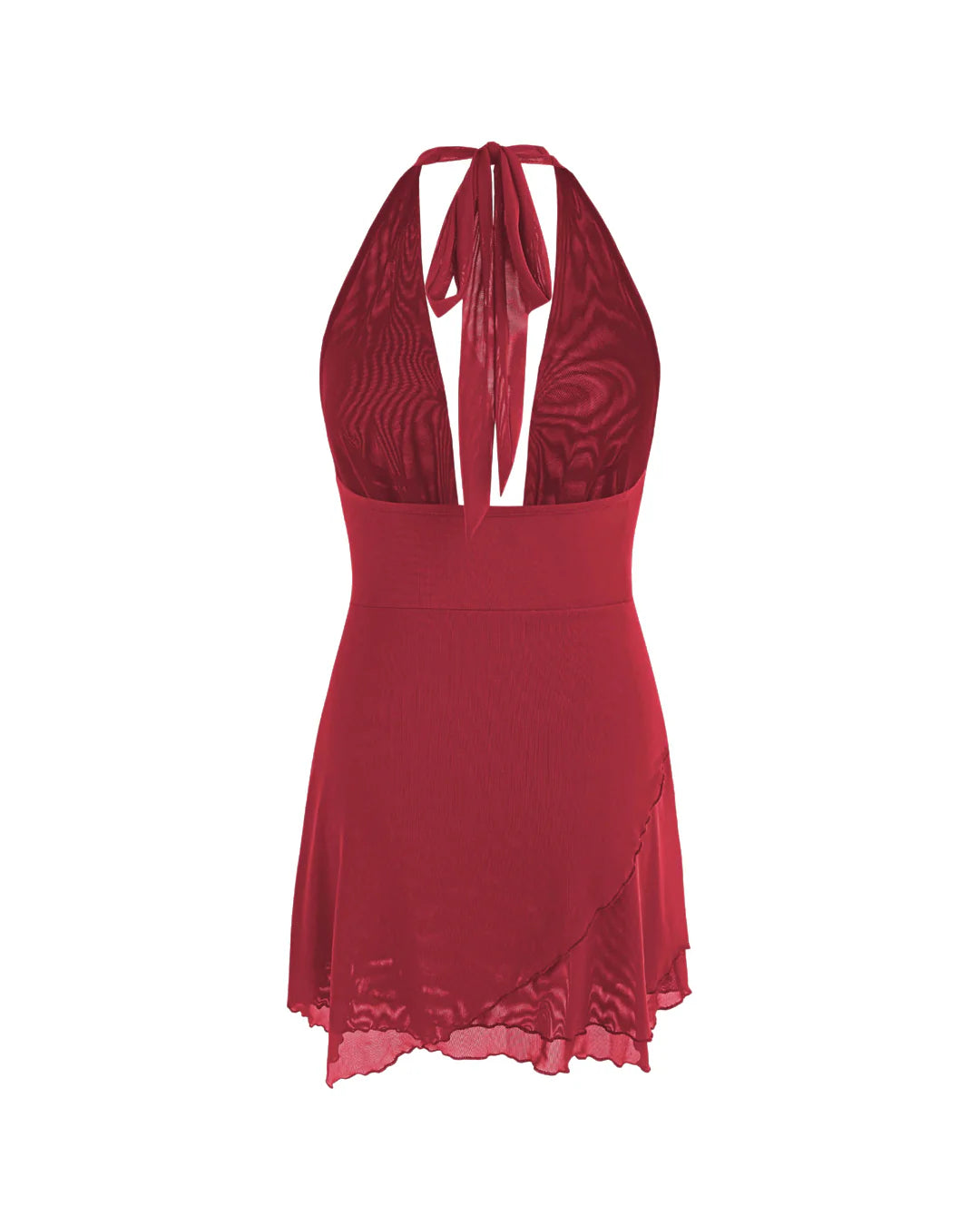 Mesh Halter Knotted Cowl Neck Mini Dress In Red