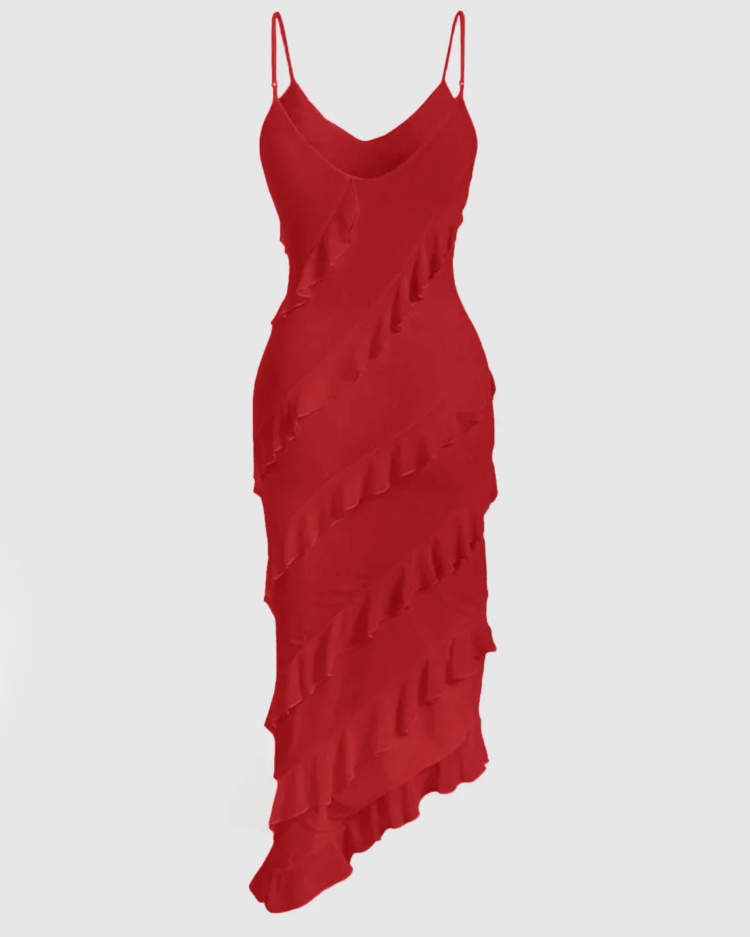 Spaghetti Strap Ruffle Trim Asymmetrical Red Cami Dress