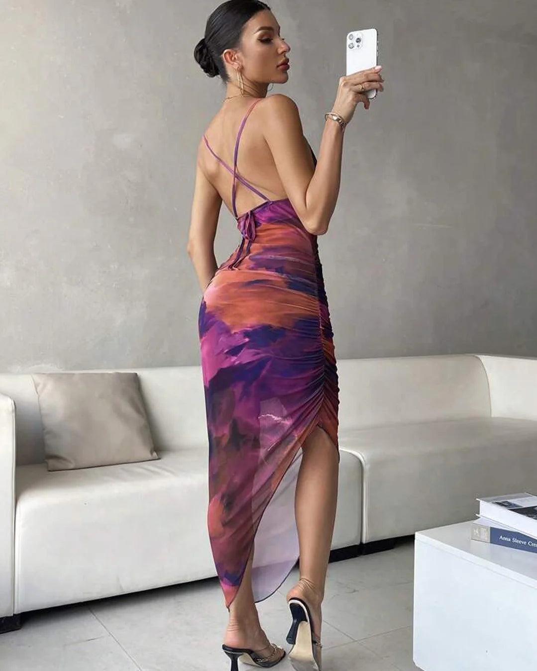 Tie Dye Draped Collar Split Thigh Sheer Cami Dress